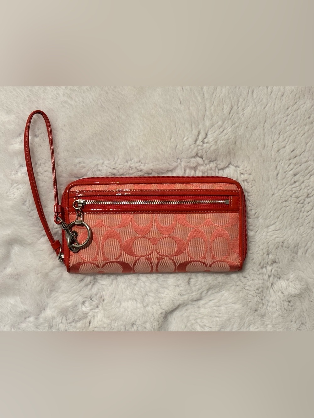 Vintage Coach Y2K Pink & Orange Signature Zippy Wristlet Wallet Red Trim